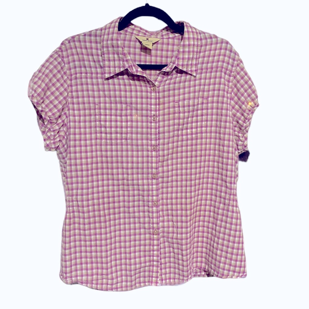 Women’s Woolrich Plaid Button down shirt with cap sleeves, size XL